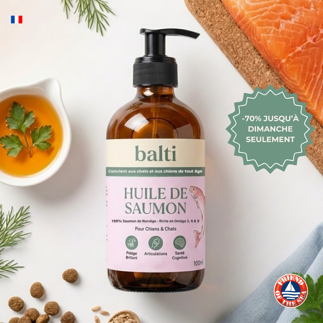 Flacon huile de saumon Balti 100ml pour chien et chat, certifié Friend of the Sea, Marque Française